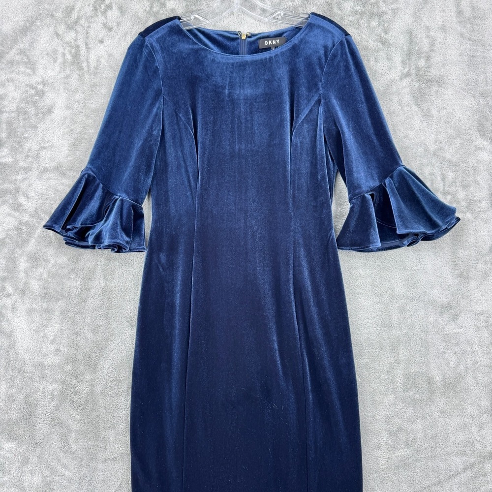 DKNY Dress Womens 6 Velvet Bell Sleeve Sheath Evening Event Career Back Zip Navy - Picture 4 of 13